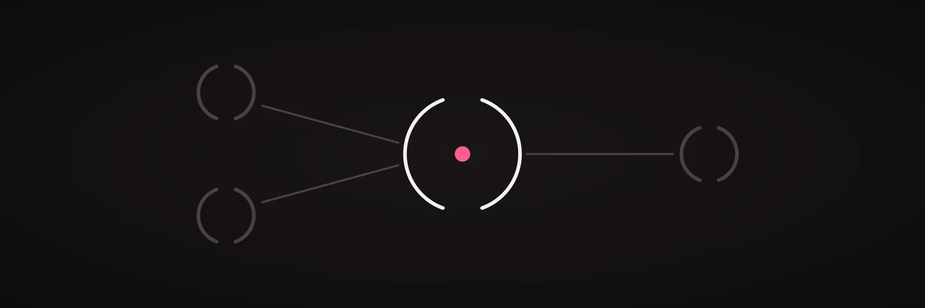 A dark ground with three small open shapes arranged around one larger one, a single pink line running from each of the three to the centre.