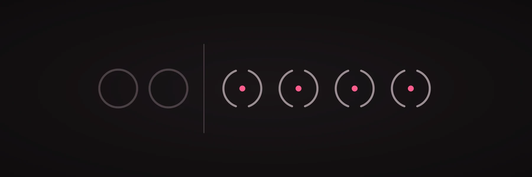 A dark ground with two small closed shapes set apart from a row of open ones, drawn in grey with no pink mark inside them.