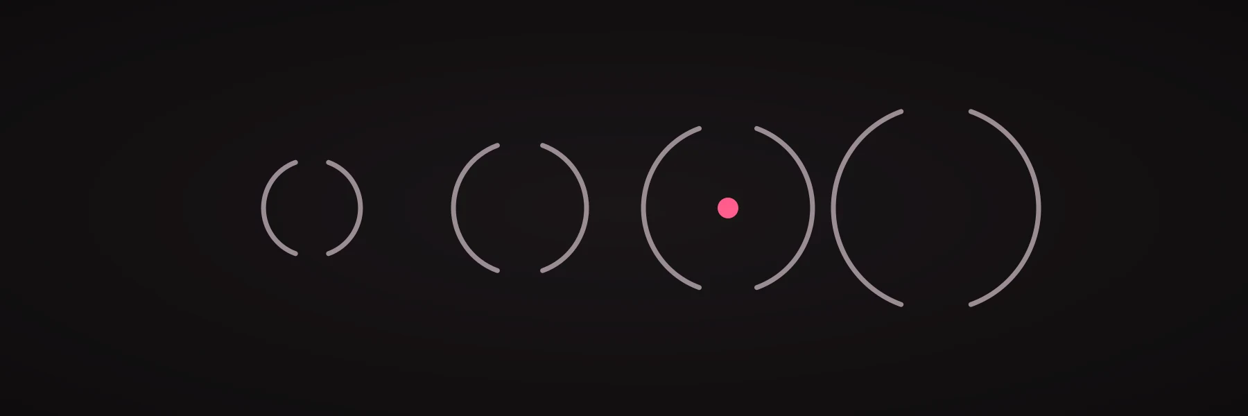 Four open arcs on a dark ground at different widths, one of them holding a pink dot, standing for four audiences with different amounts of access.
