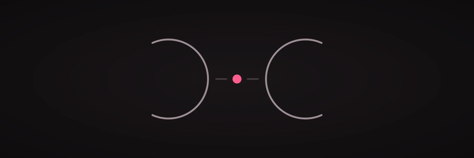 Two open arcs facing each other on a dark ground with a single pink dot in the space between them, standing for one person's assistant asking another's page.