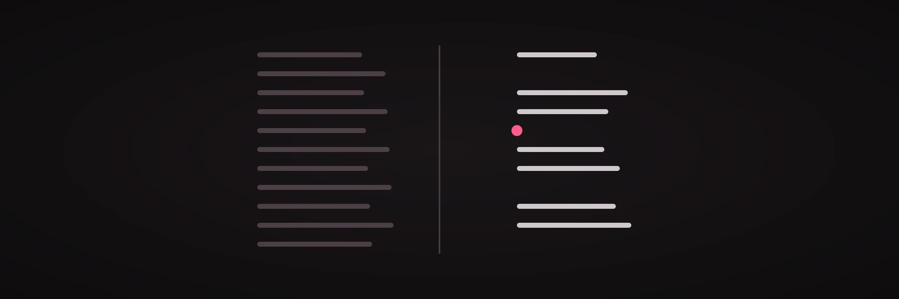 Two columns of small marks on a dark ground, with the right column shorter than the left and one mark in pink, the way a page's answer is drawn only from what a reader is allowed to see.